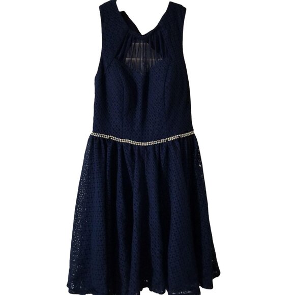 City Studio Sm Navy Blue Lace Sleeveless Fit & Flare Dress With Sheer Back Detai - Picture 1 of 5